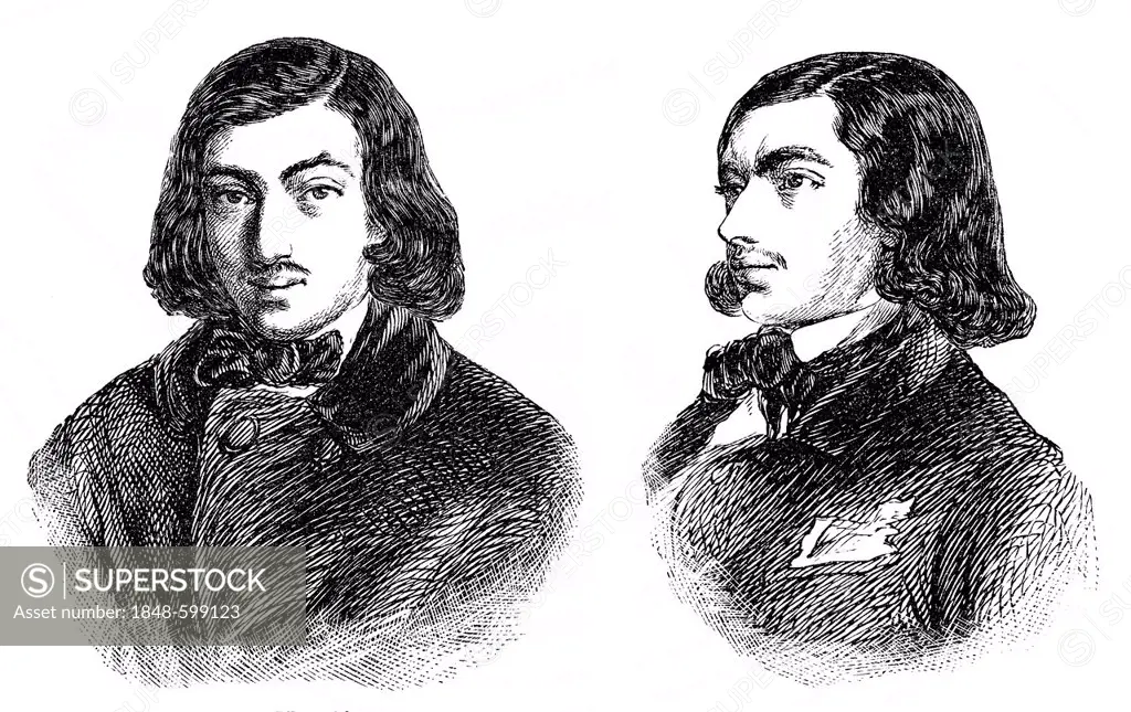 Historical drawing, portraits of Henryk Wieniawski, 1835 - 1880, Polish composer and violinist and Józef Wieniawski, 1837 - 1912, Polish pianist and c...