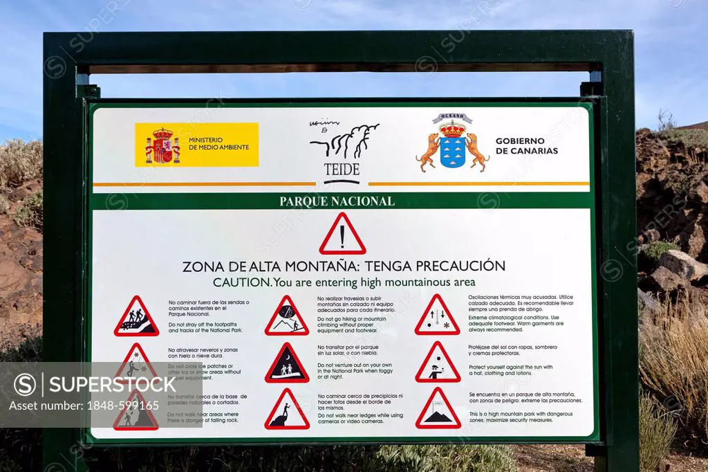 Sign with rules of conduct, Teide National Park, Tenerife, Canary Islands, Spain, Europe