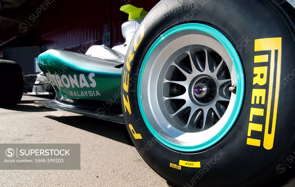 Pirelli tires on the Mercedes GP-Mercedes MGP W02 race car, motor sports, Formula 1 testing on the Circuit de Catalunya race car in Barcelona, Spain, ...