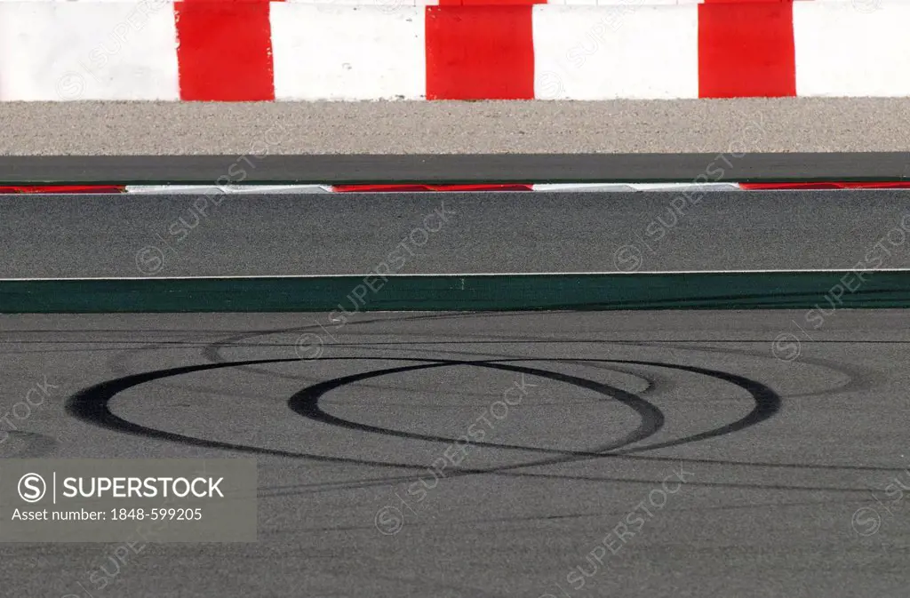 Tire tracks, motor sports, Formula 1 testing on the Circuit de Catalunya race car in Barcelona, Spain, Europe