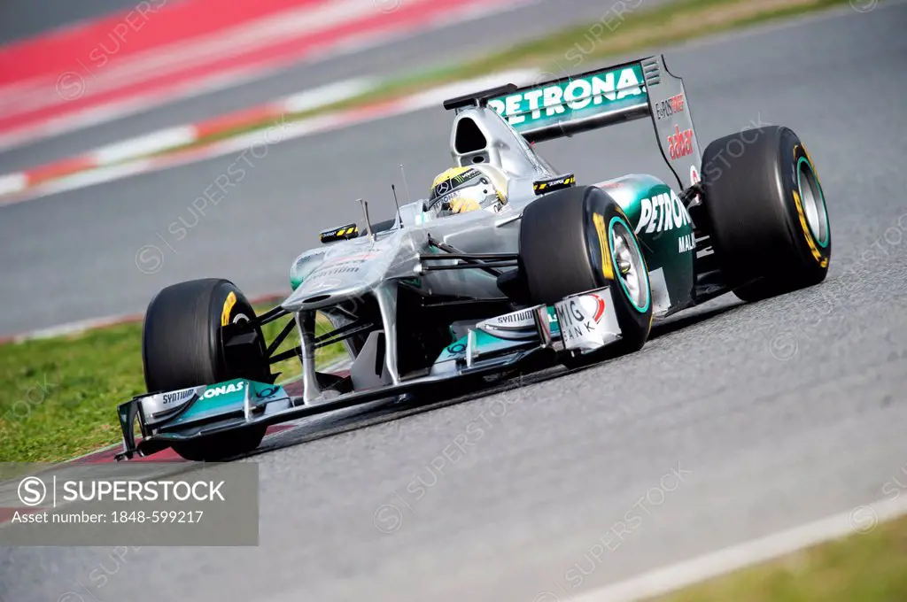 German driver Nico Rosberg driving his Mercedes GP-Mercedes MGP W02 car, motor sports, Formula 1 testing at the Circuit de Catalunya, Circuit de Barce...