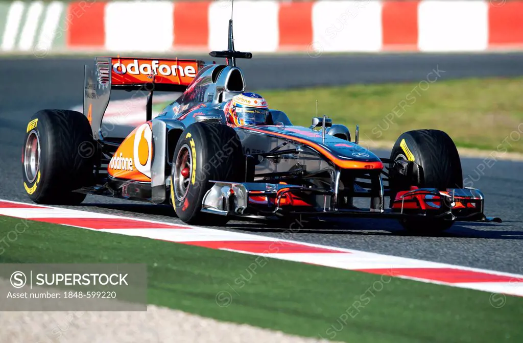 Jenson Button, Britain, in his McLaren-Mercedes MP4-26 race car, motor sports, Formula 1 testing on the Circuit de Catalunya race track in Barcelona, ...