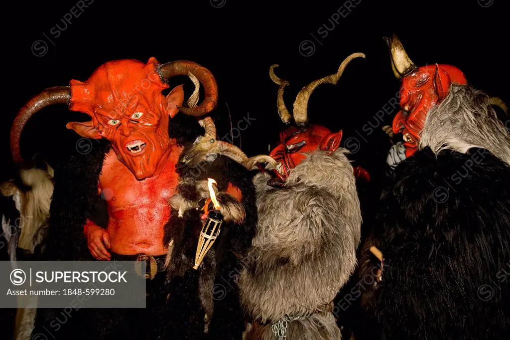 Krampus masks, devil costumes in Ora, Alto Adige, Italy, Europe