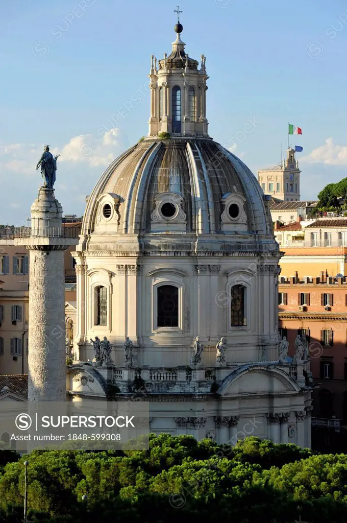 Trajan's Column with a bronze statue of the apostle Peter, Church Santissimo Nome di Maria al Foro Traiano or Church of the Most Holy Name of Mary at ...