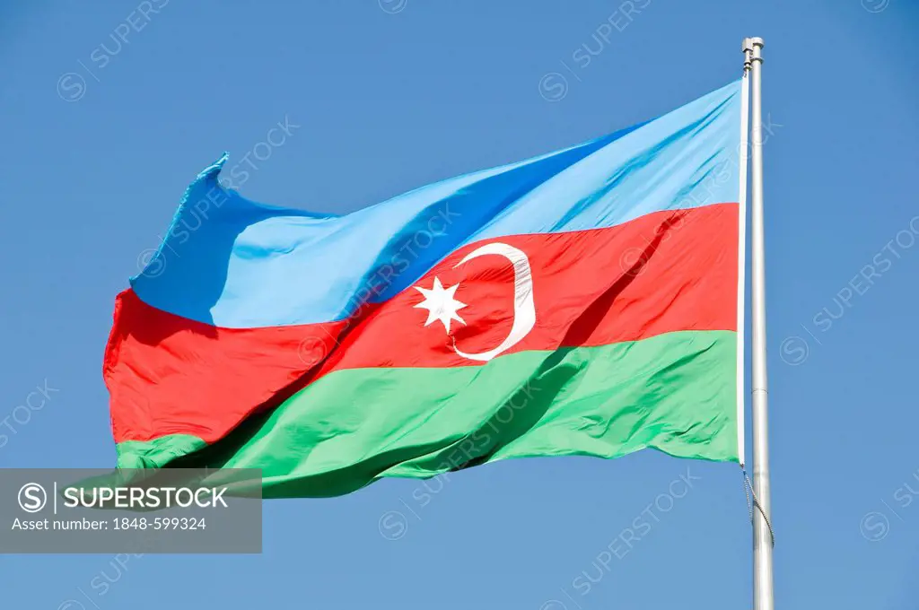 Azerbaijani flag in the wind, Azerbaijan, Middle East