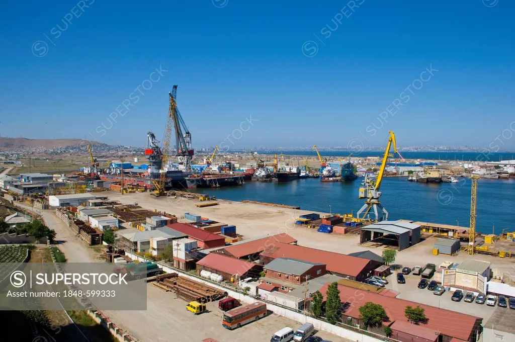 View across the port of Baku, Azerbaijan, Caucasus Region, Eurasia