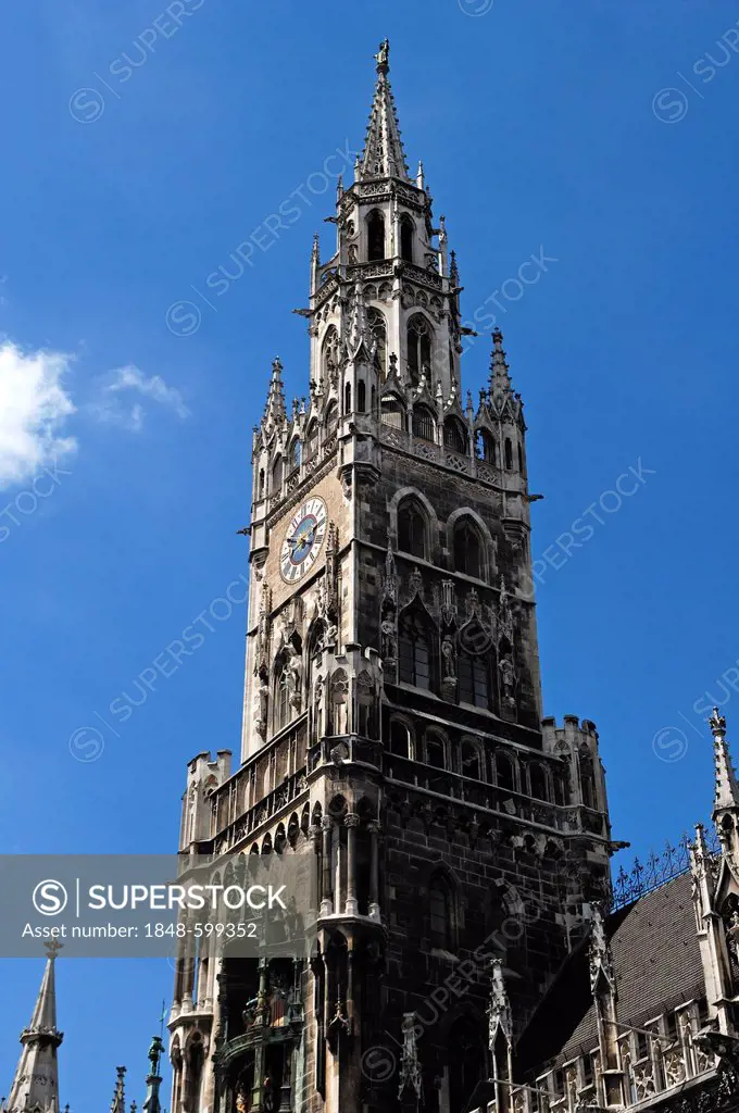 Tower of the New Town Hall, built 1867-1909, Marienplatz 8, Munich, Bavaria, Germany, Europe