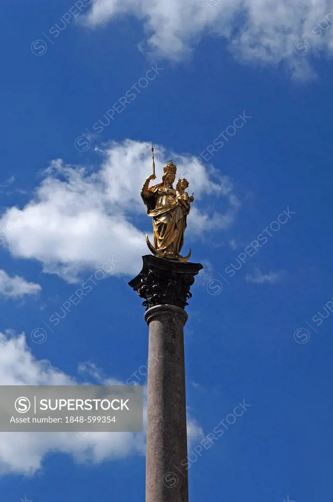 Marian column against a blue sky with white clouds, Marienplatz square, Munich, Bavaria, Germany, Europe