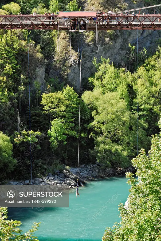 Bungee-jumping from the historic suspension bridge over the Kawarau River, Arrowtown, South Island, New Zealand