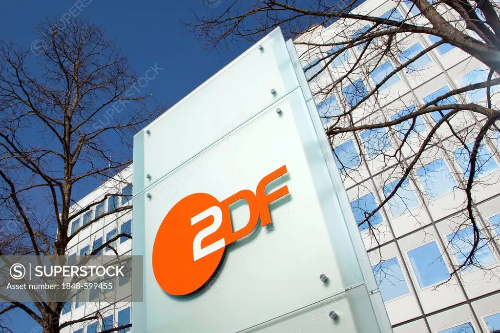 ZDF logo in front of the building of the Bavaria state studio of the ZDF television station in Unterfoehring near Munich, Bavaria, Germany, Europe