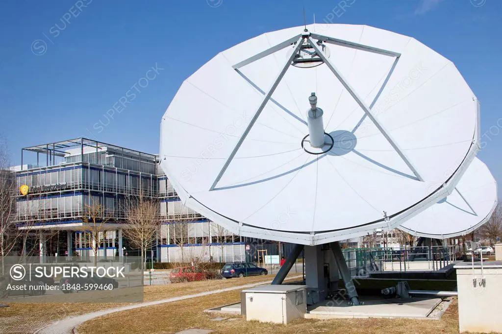 Satellite dish outside the headquarters of Kabel Deutschland in Unterfoehring near Munich, Bavaria, Germany, Europe