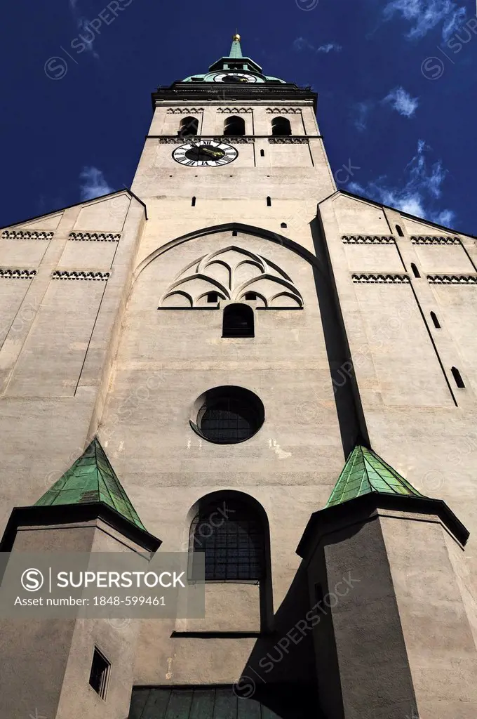 Tower of the Sankt-Peter-Kirche church or Old Peter, Rindermarkt 1, Munich, Bavaria, Germany, Euro