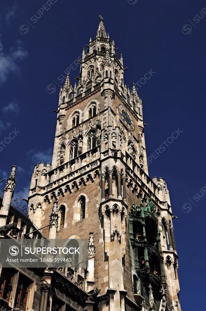Tower, Neues Rathaus new town hall, built in 1867-1909, with chimes in the bay, since 1908, Munich, Bavaria, Germany, Europe
