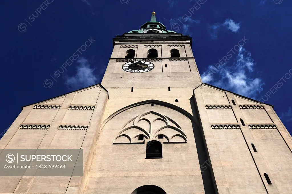 Tower of the Sankt-Peter-Kirche church or Old Peter with viewing gallery, Rindermarkt 1, Munich, Bavaria, Germany, Europe