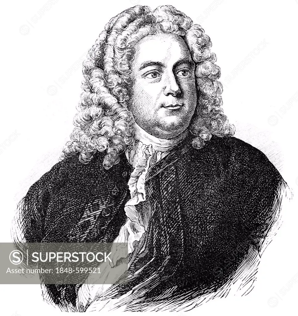 Historical drawing from the 19th Century, portrait of Georg Friedrich Haendel or Geore Frideric Handel, 1685-1759, German-British composer of the Baro...