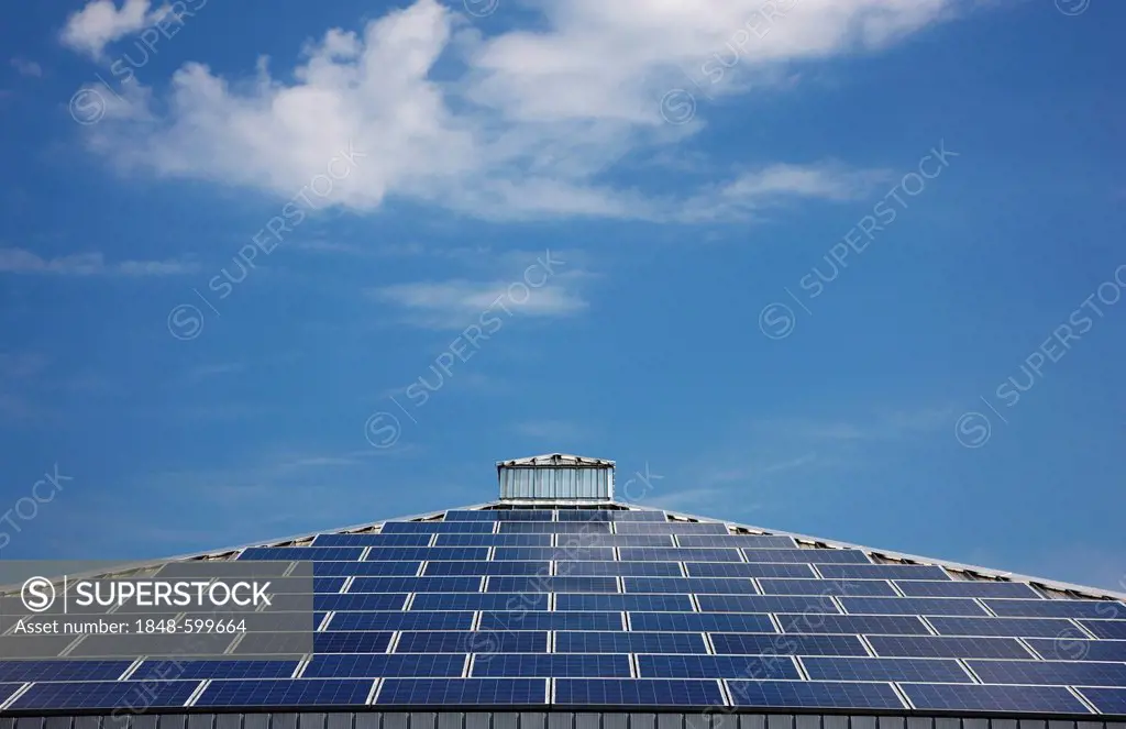 Peaked roof with solar panels, roof of a supermarket, Ruegen, Rugia, Mecklenburg-Western Pomerania, Germany, Europe