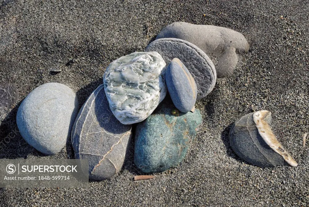 Different types of pebbles, Hokitika Beach, Tasman Sea, West Coast, South Island, New Zealand