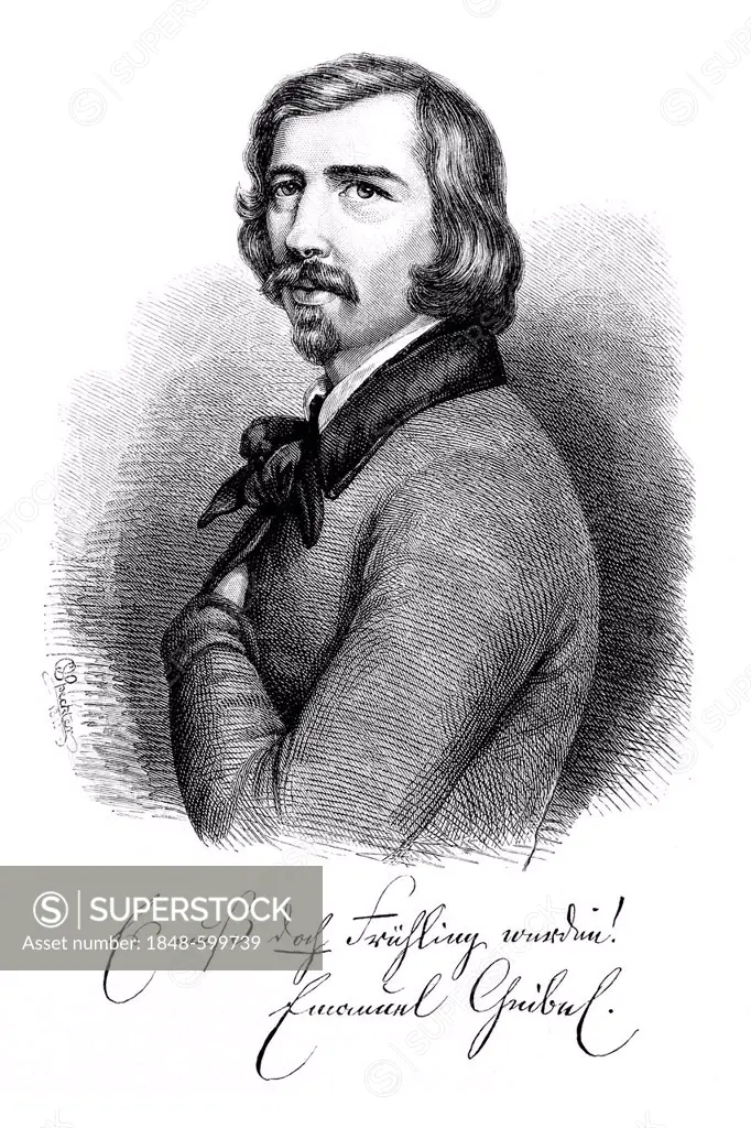 Portrait of Geibel from 1843, historic illustration from History of German Literature from 1885