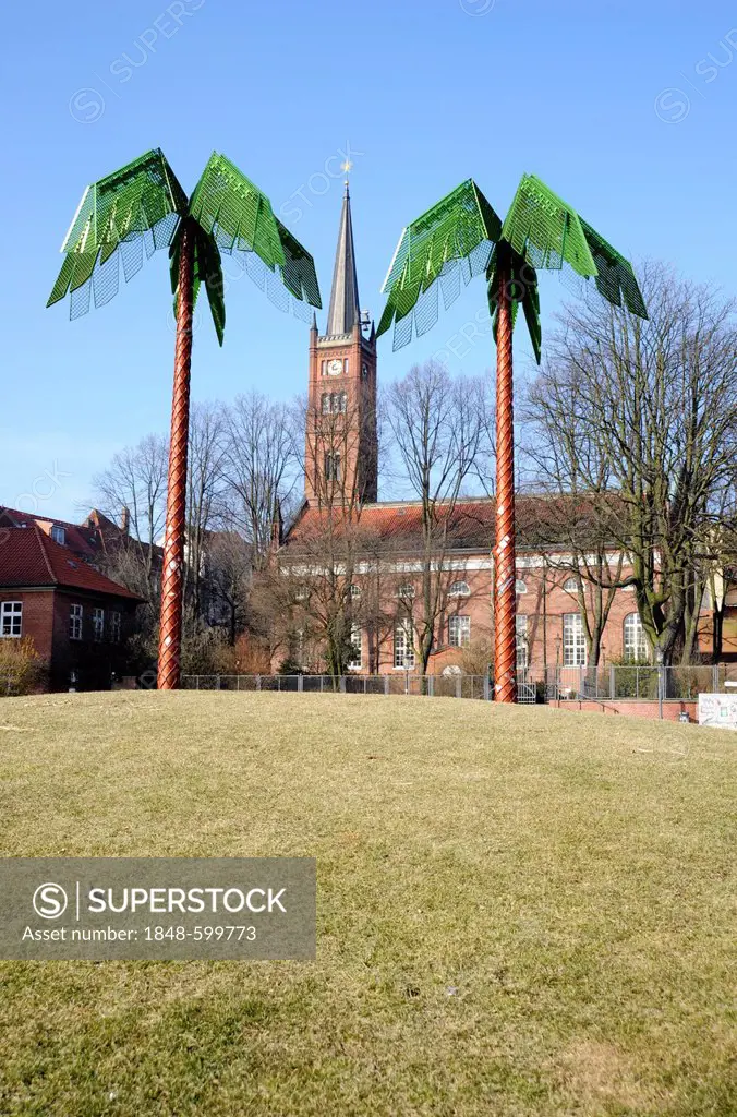 Antoni-Park with artificial palm trees on Pinnasberg and St. Paul Church on Hafenstrasse, St. Pauli, Hamburg, Germany, Europe