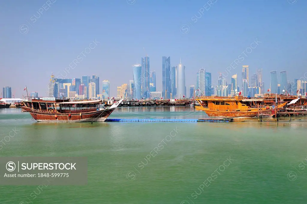 Dhows in front of the skyline of New Town, Business District, Doha, Qatar, Middle East
