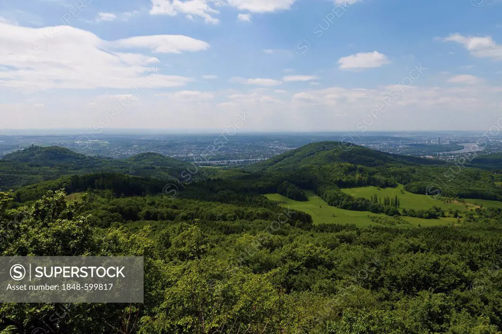 Panoramic views from Grosser Oelberg hill, Siebengebirge or Seven Mountains hills range, North Rhine-Westphalia, Germany, Europe