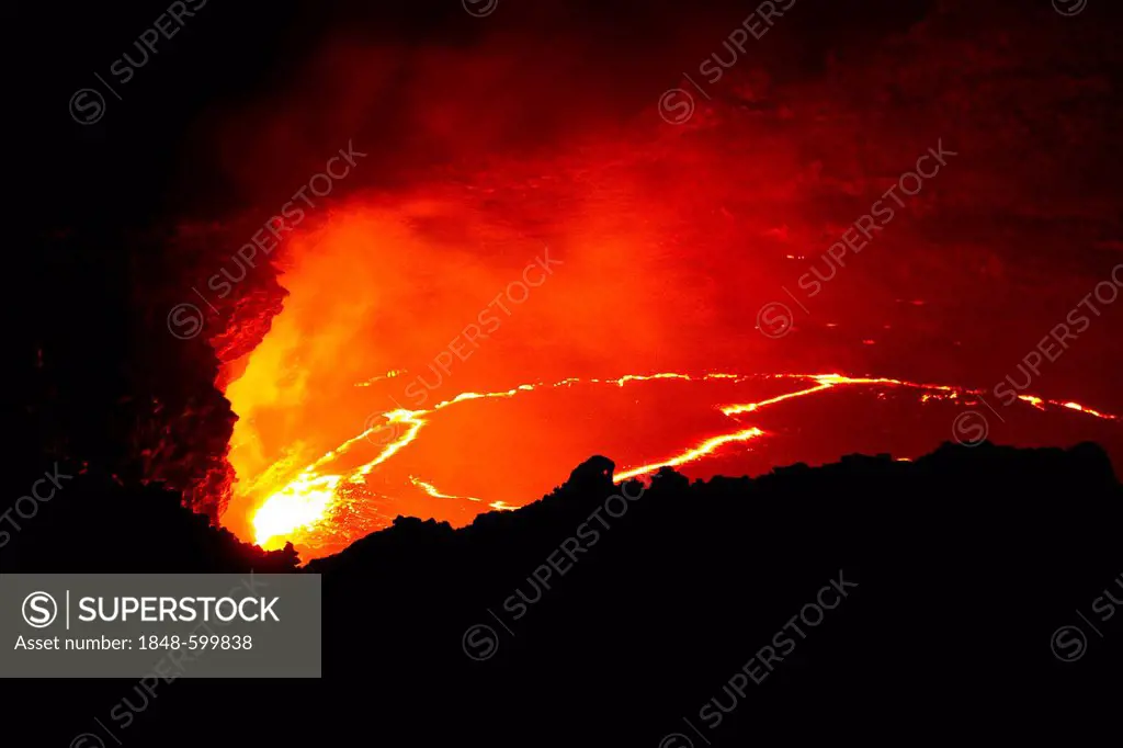 At night, crater of the active volcano Erta Ale, Danakil Depression, Ethiopia, Africa