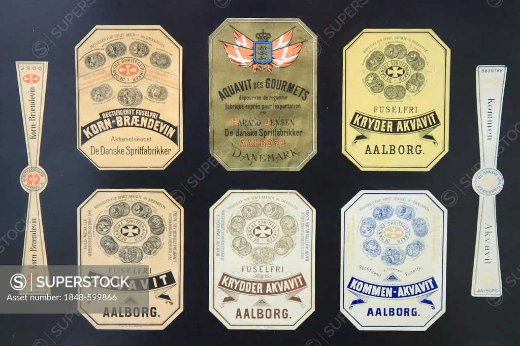 Old Akvavit labels, Aalborg Akvavit spirits factory, Aalborg, North Jutland, Denmark, Europe