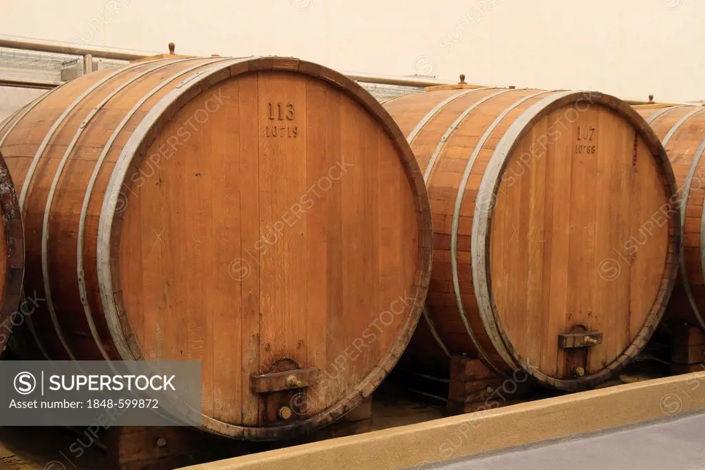 Two large oak barrels for liquor storage, Aalborg Akvavit spirits factory, Aalborg, North Jutland, Denmark, Europe