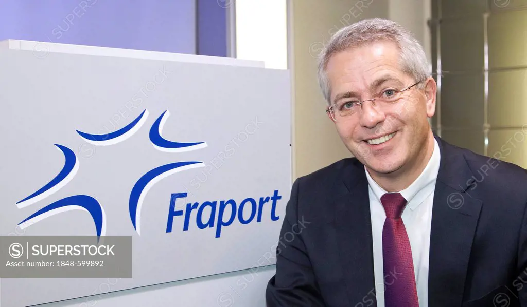 Stefan Schulte, CEO of Fraport AG, with Fraport AG logo, annual results press conference, Frankfurt am Main, Hesse, Germany, Europe