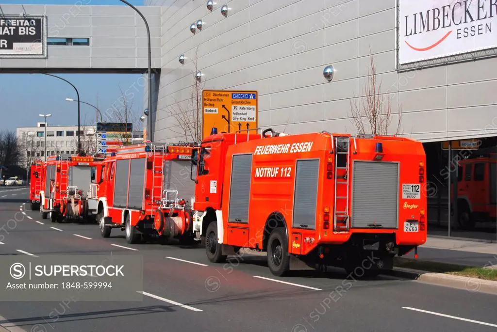 Fire truck at the shopping center on Limbecker Platz, Essen, Ruhrgebiet Area, North Rhine-Westphalia, Germany, Europe
