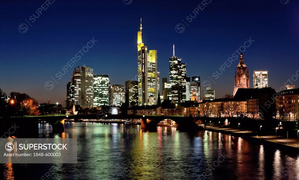 View of the skyline with Commerzbank, ECB, Hessische Landesbank, Frankfurt Cathedral, Opernturm skyscraper, Deutsche Bank, vorn the Alte Bruecke bridg...