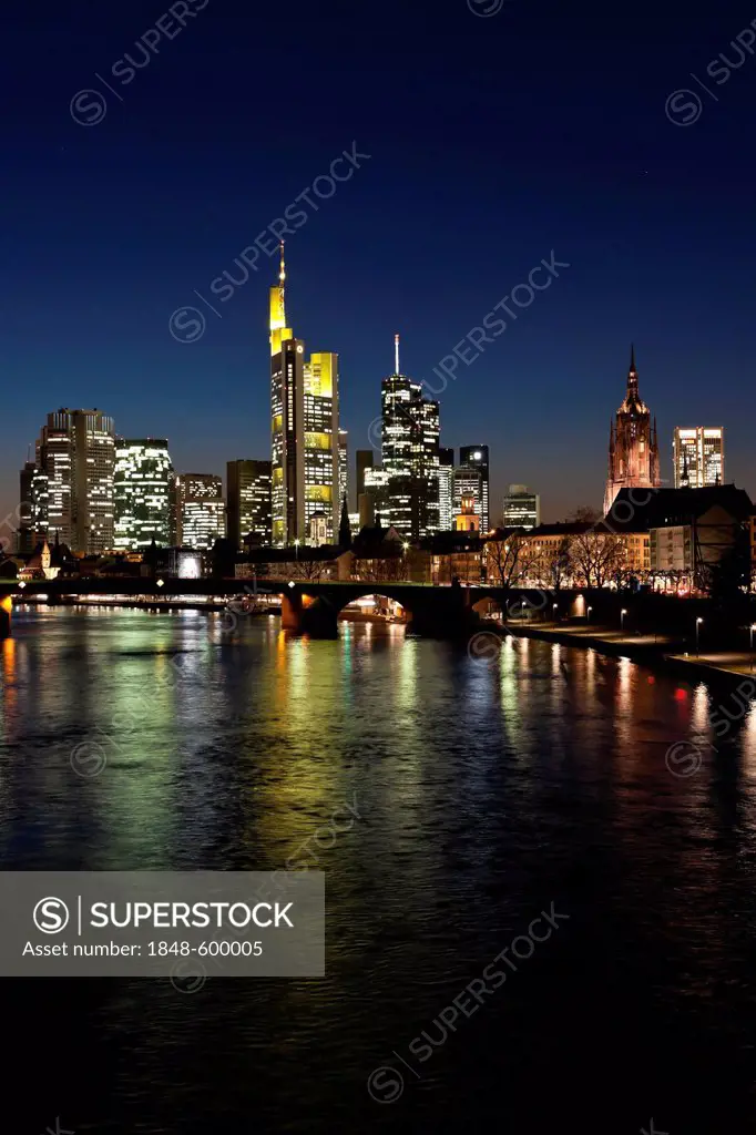 View of the skyline with Commerzbank, ECB, Hessische Landesbank, Frankfurt Cathedral, Opernturm skyscraper, Deutsche Bank, vorn the Alte Bruecke bridg...