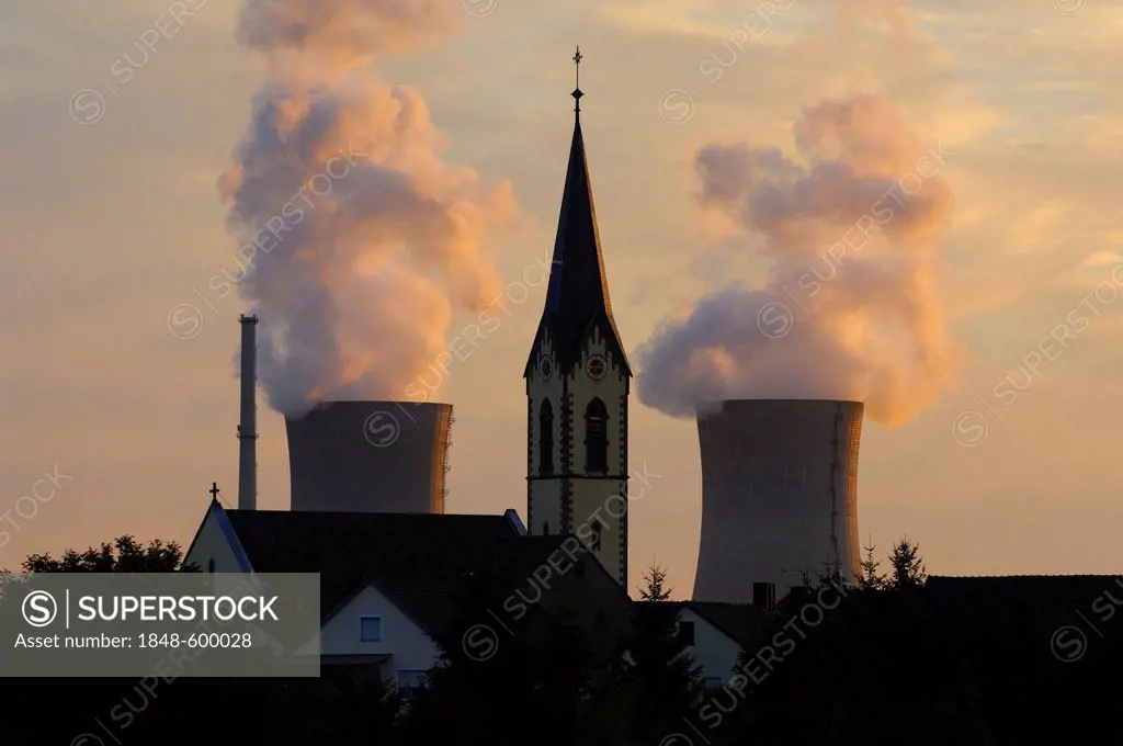 Church of Roethlein in front of Grafenrheinfeld Nuclear Power Plant, Lower Franconia, Bavaria, Germany, Europe