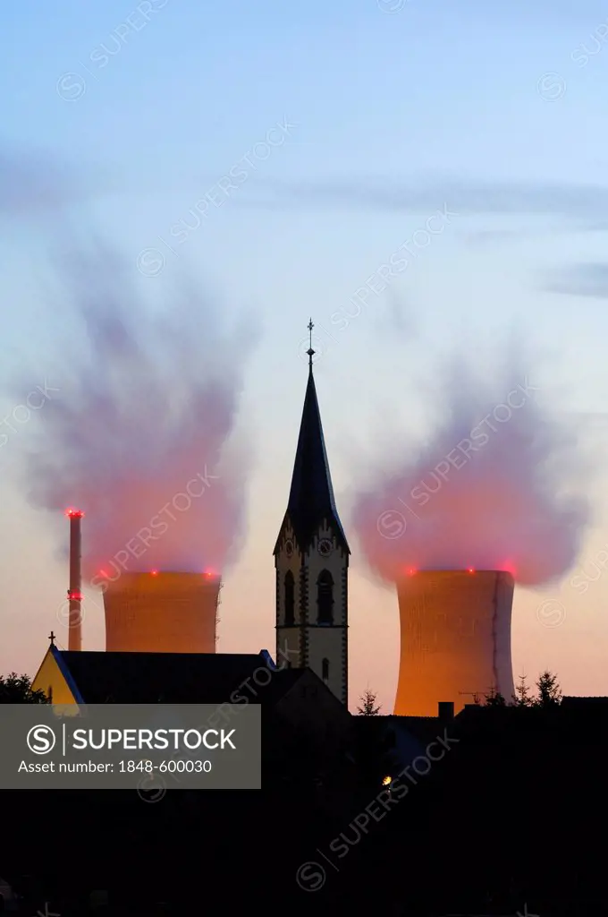 Church of Roethlein in front of Grafenrheinfeld Nuclear Power Plant, Lower Franconia, Bavaria, Germany, Europe