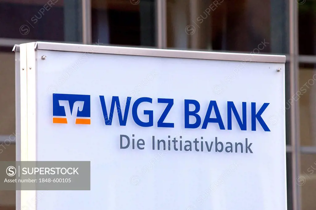 Logo on the WGZ-Bank headquarters, Westdeutsche Genossenschafts-Zentralbank eG, in Duesseldorf, North Rhine-Westphalia, Germany, Europe