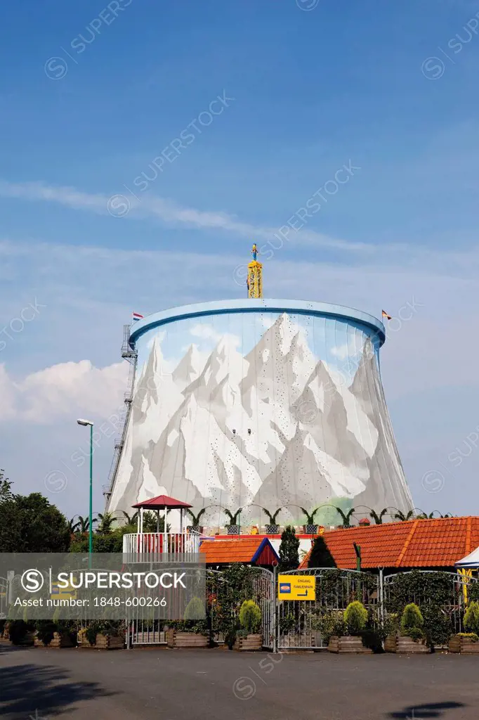 Cooling tower, former fast breeder reactor, Kern-Wasser Wunderland amusement park, Kalkar, Niederrhein, North Rhine-Westphalia Germany, Europe