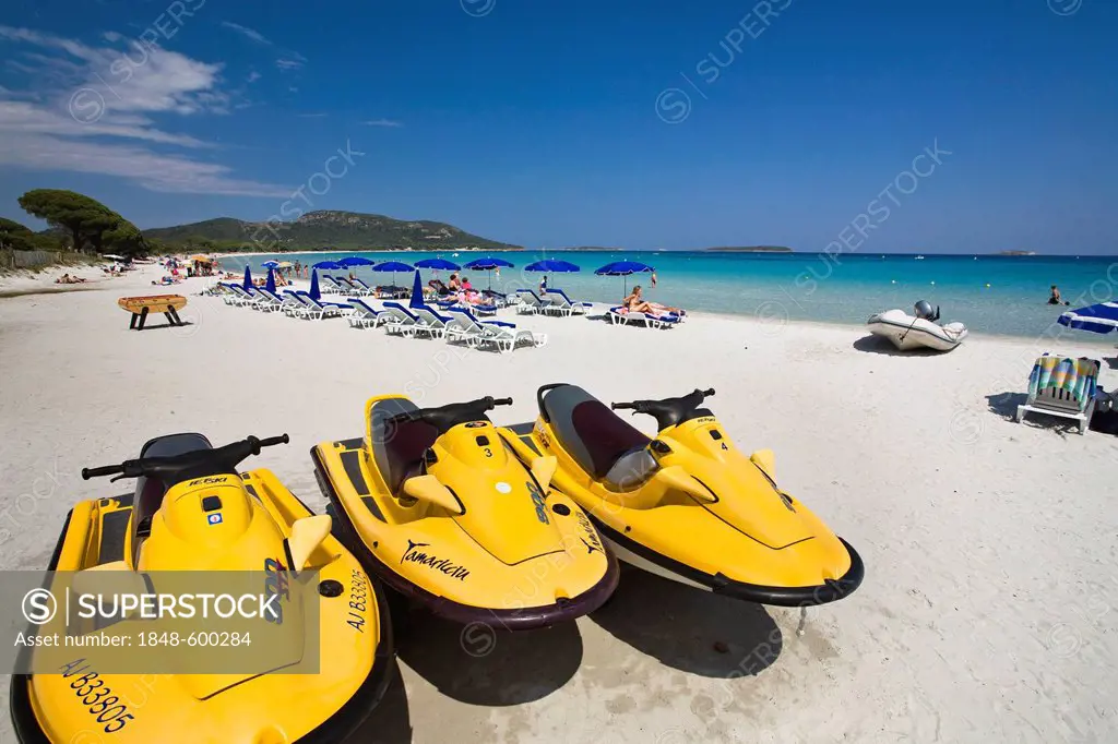 Waterscooters on Palombaggia beach, south-east coast, mediterranean sea, Corsica, France, Europe