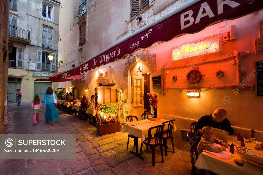 Restaurant, blue hour, Bonifacio, south coast, Corsica, France, Europe