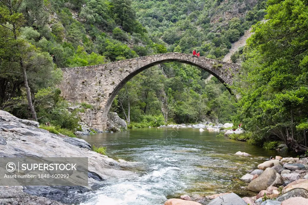 Old Genovese stone bridge over the River Porto near the village of Ota, Spelunca Gorges, Corsica, France, Europe