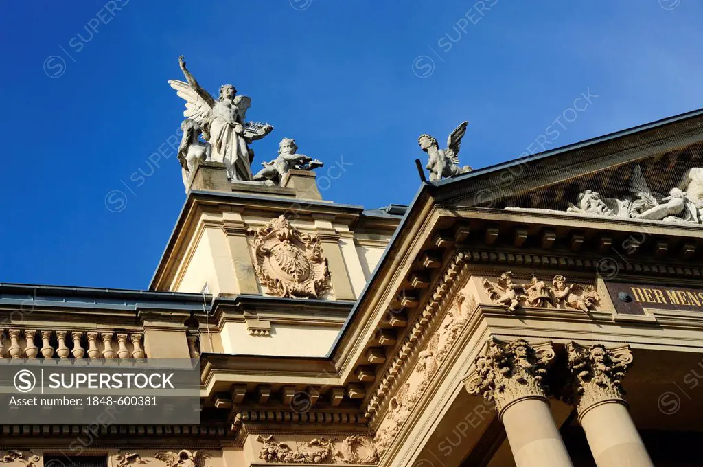 Hessian State Theatre with angel sculptures on the roof, Wiesbaden, capital of Hesse, Germany, Europe