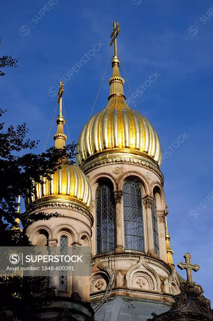 Cupolas in gold, Greek Chapel on the Neroberg Hill, Wiesbaden, capital of Hesse, Germany, Europe