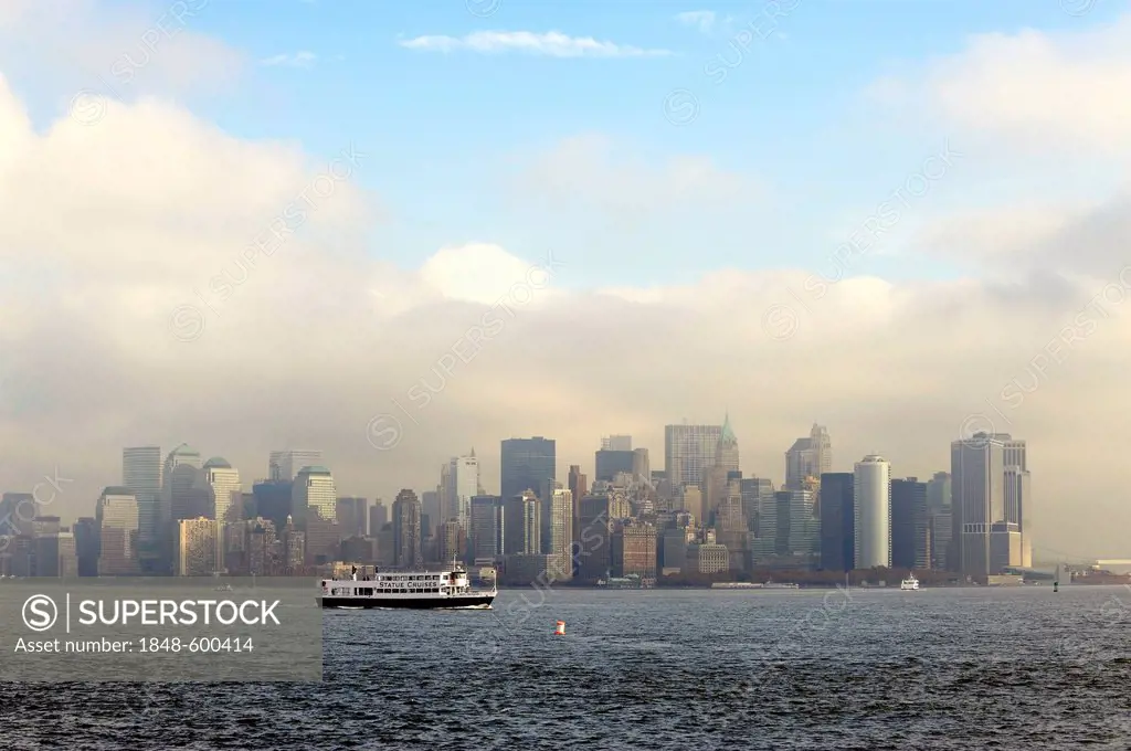 Skyline of Lower Manhattan, State Cruises Ferry, Hudson River, New York City, New York, United States of America, USA, North America