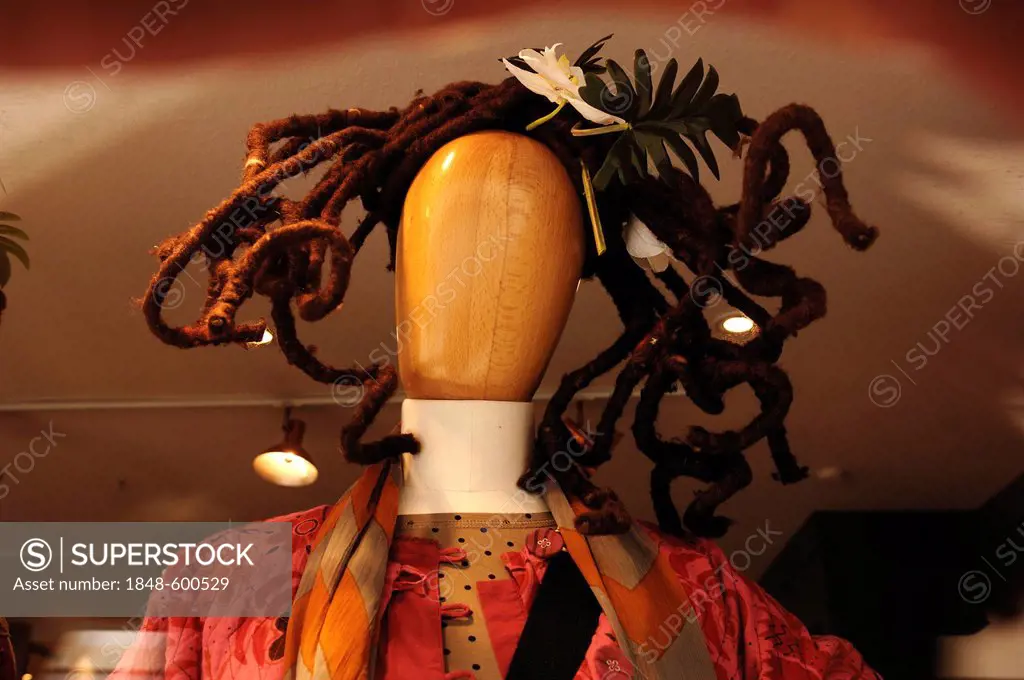 Mannequin made of wood with Afro-style hair in a fashion store, Nuremberg, Middle Franconia, Bavaria, Germany, Europe