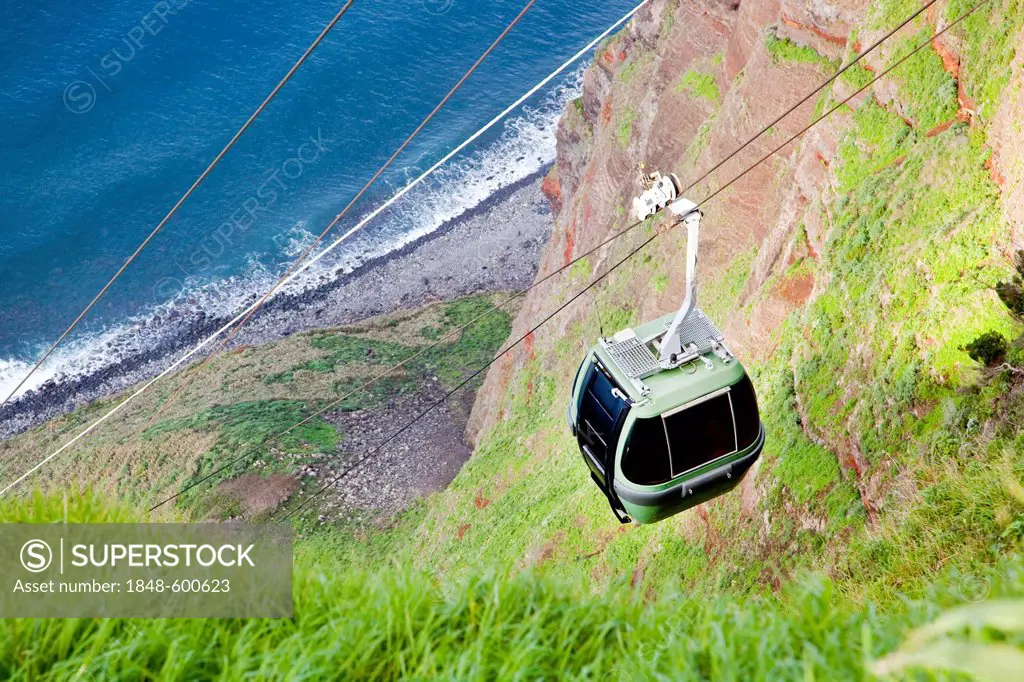 Cable car to the fields and plantations on the rock cliffs of the Atlantic coast, at Achadas da Cruz, Madeira, Portugal, Europe