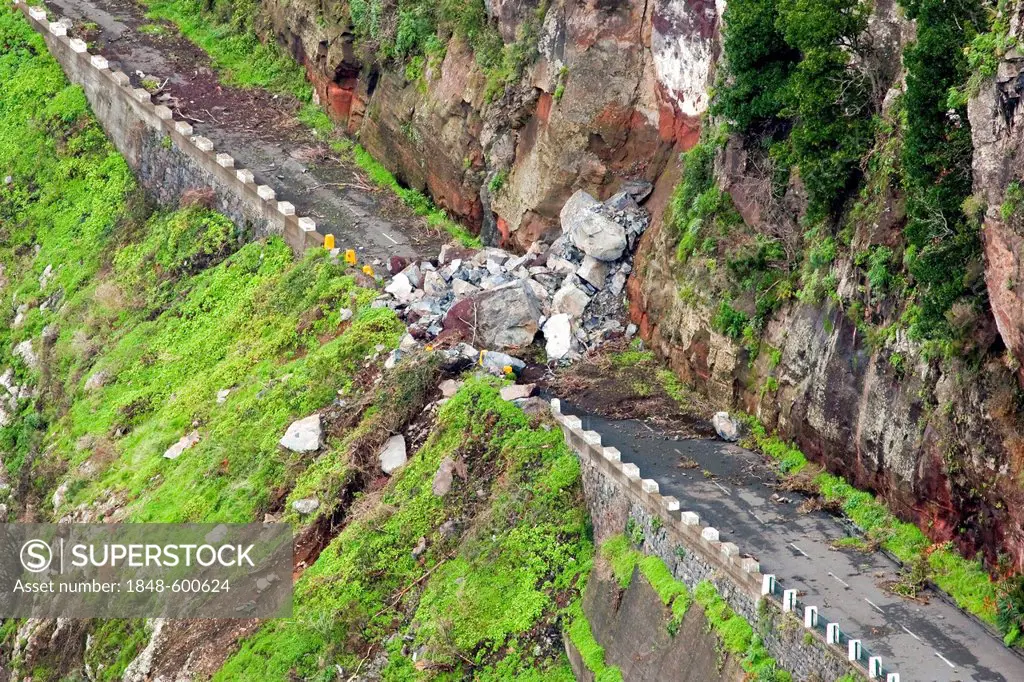 Road blocked by a landslide, Corral of the Nuns or Curral das Freiras, Madeira, Portugal, Europe