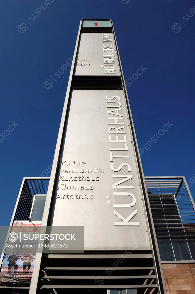 Information column of the K4 front building, KunstKulturQuartier, Koenigstrasse 93, Nuremberg, Middle Franconia, Bavaria, Germany, Europe