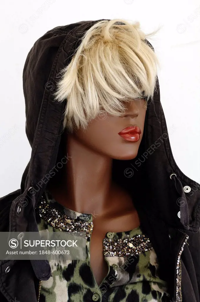 Head of a female mannequin with a hood and blond hair in a fashion store, Erlangen, Middle Franconia, Bavaria, Germany, Europe