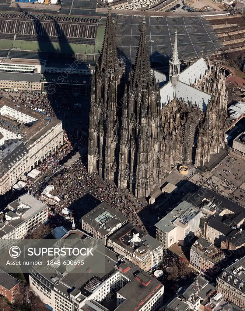 Aerial view, street carnival in front of Cologne Cathedral, old town, Cologne, Rhineland, North Rhine-Westphalia, Germany, Europe