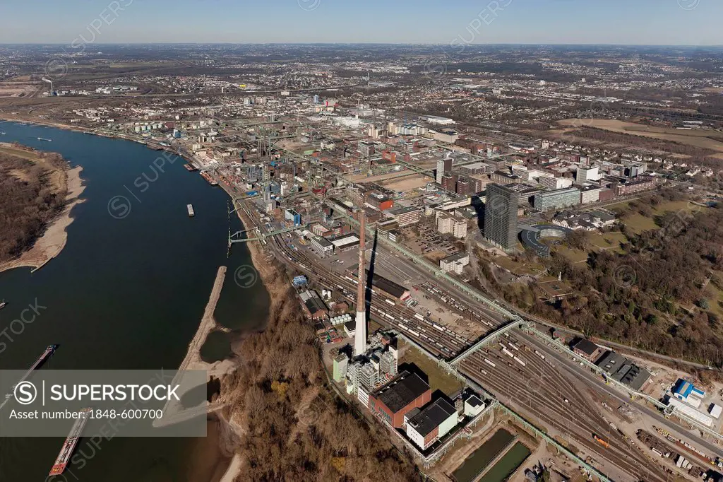 Aerial view, Fchemical company Bayer AG alongside the Rhine River, Cologne, Rhineland, North Rhine-Westphalia, Germany, Europe