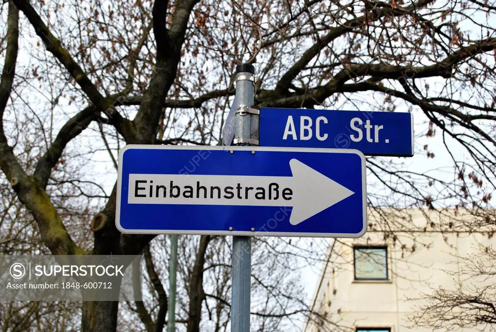 One-way street sign and street sign ABC-Strasse, Bochum, Ruhrgebiet region, North Rhine-Westphalia, Germany, Europe
